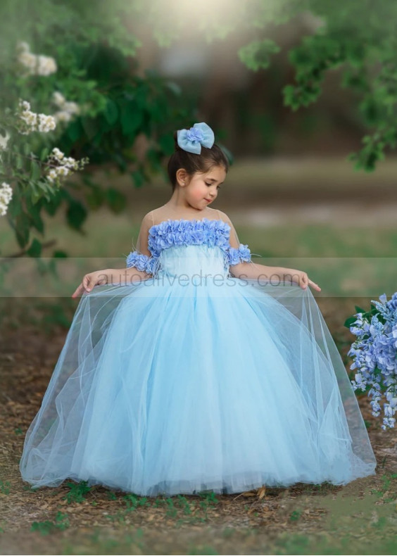 Short Sleeves Blue 3D Flowers Tulle Feather Sweet Flower Girl Dress